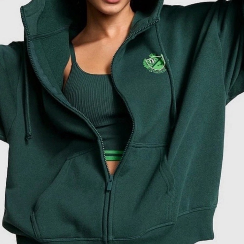 Pink Victoria Secret “Varsity Logo Green Hoodie Jacket.” Size Large Brand New